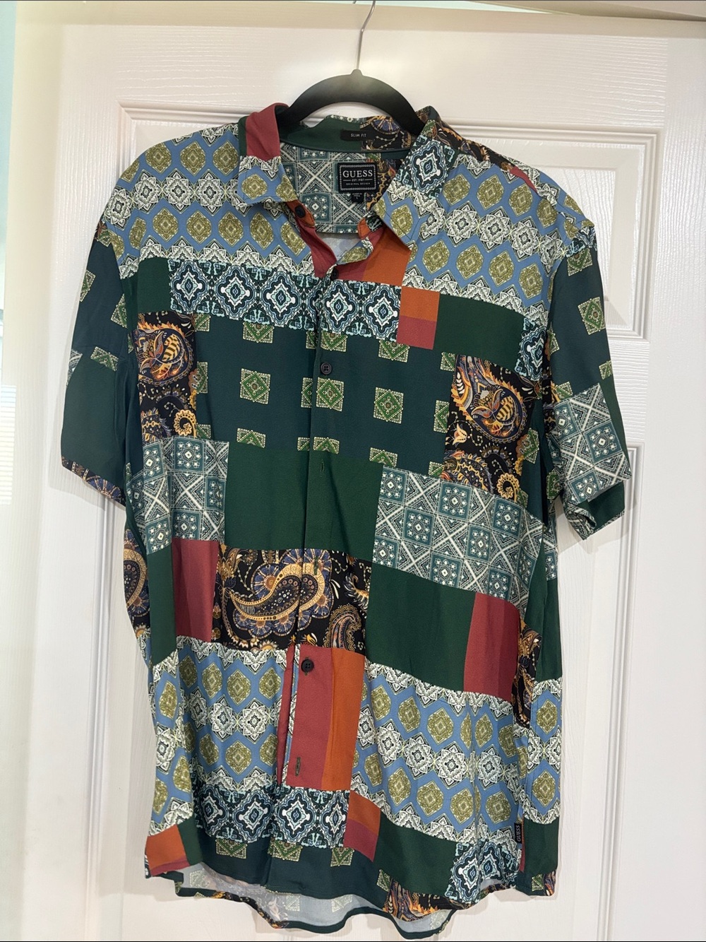 GUESS Patchwork-Pattern Short Sleeve Button-Up in Forest Green, Rust & Blue
